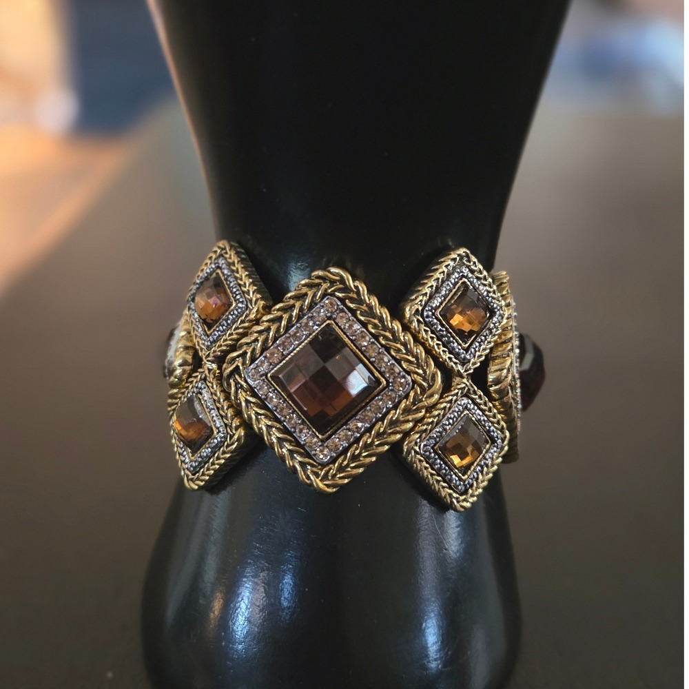 Vintage Gold Tone Amber Crystal Diamond Shape Stretch‎ Statement Bracelet Wide